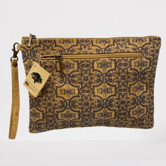 Natural Cork Wristlet Bag Pouch Eco Purse Tan Blue Floral Tile Portugal Made NWT - Picture 2 of 7